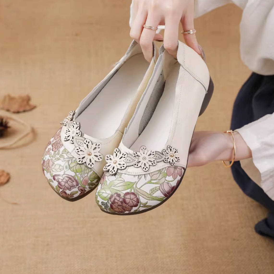 Spring Leather Floral Printed Patchwork Elegant Casual Slip-Ons