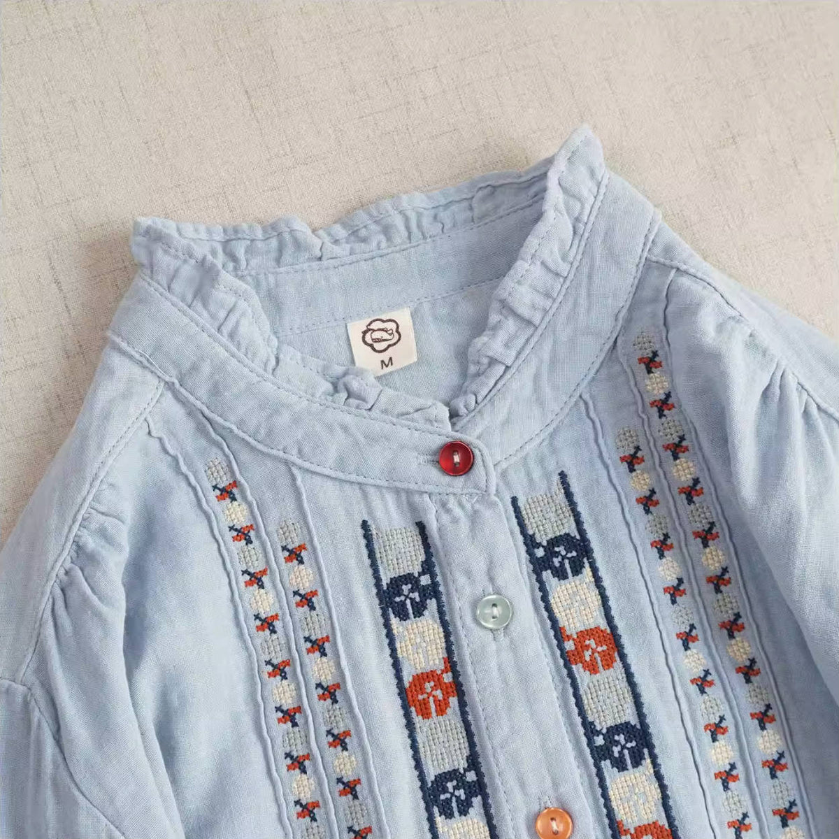 Retro Spring Cotton Embroidered Ruffled Neck Loose Casual Shirt