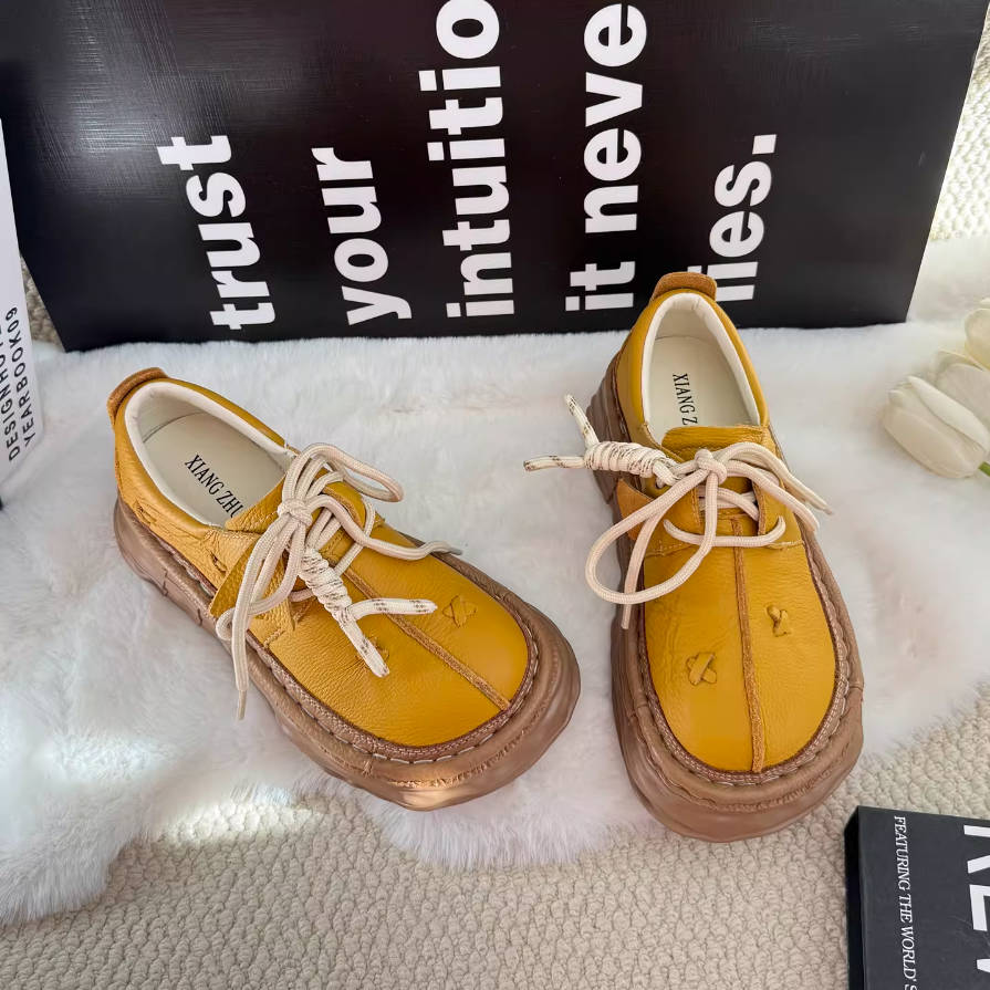 Top Leather Retro Thick Soft Sole Casual Lace-Up Flat Shoes