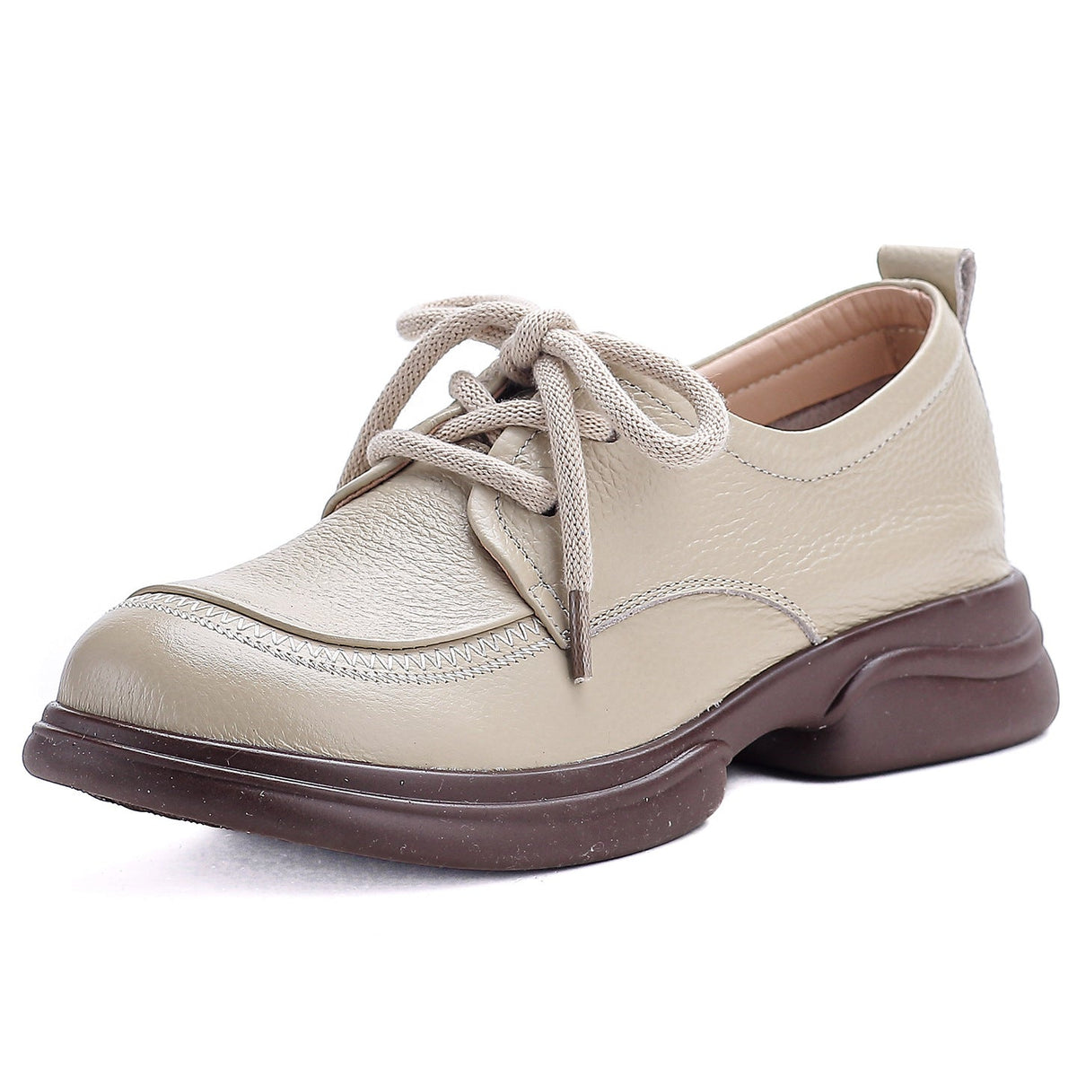 Retro Spring Leather Round Toe Soft Thick Sole Lace-Up Casual Shoes