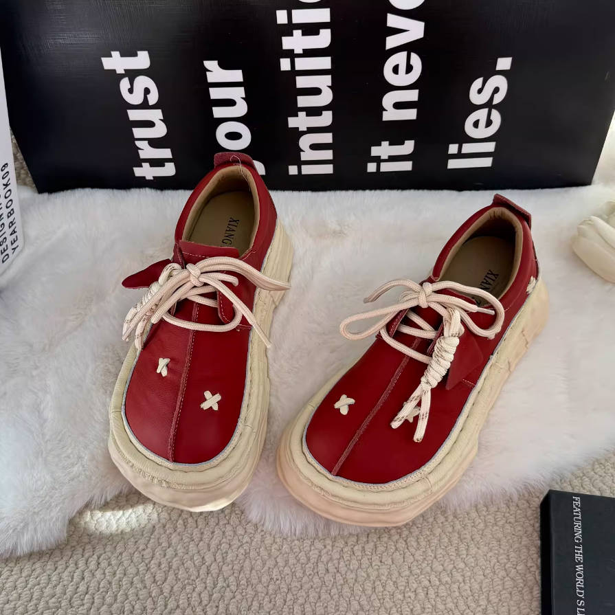 Top Leather Retro Thick Soft Sole Casual Lace-Up Flat Shoes