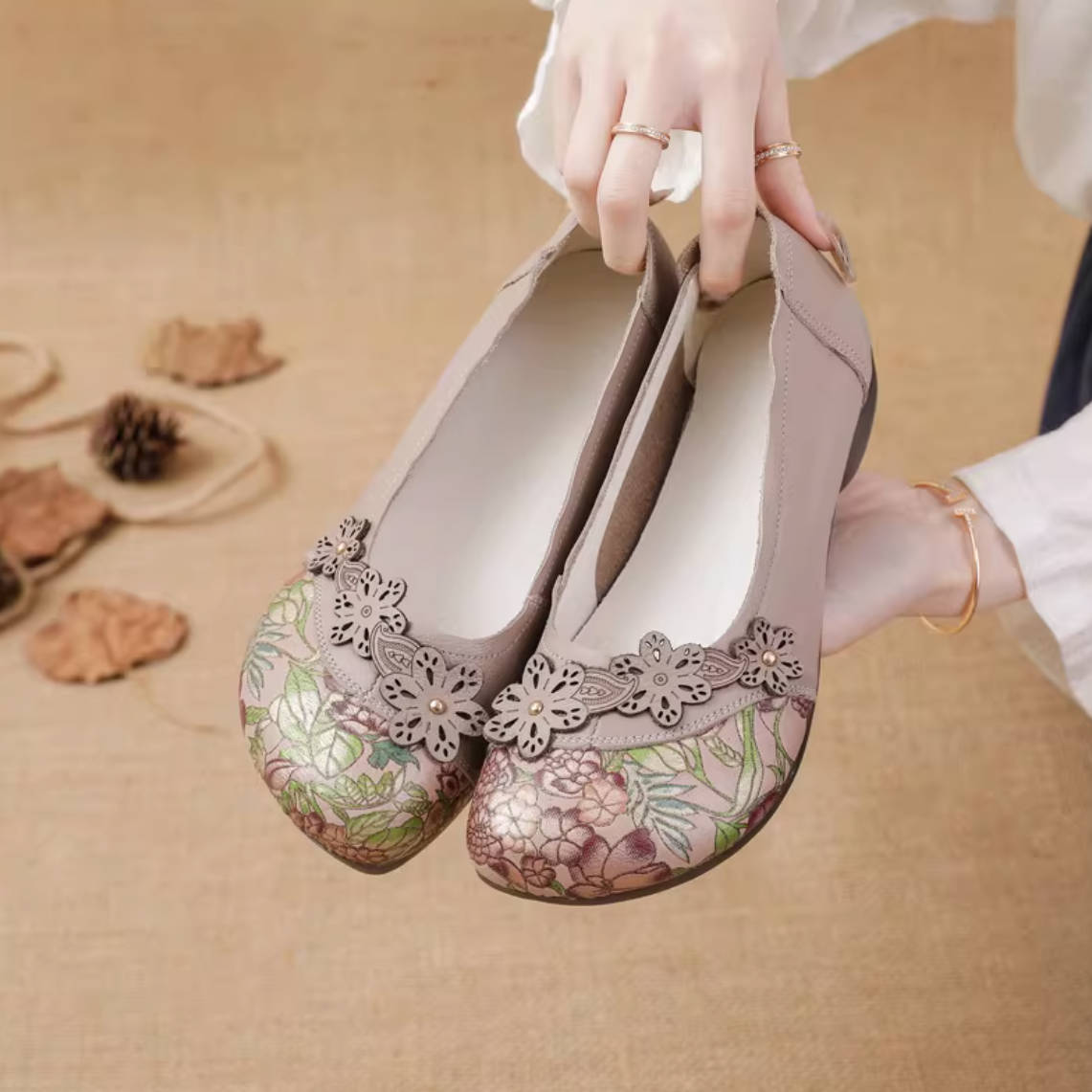 Spring Leather Floral Printed Patchwork Elegant Casual Slip-Ons