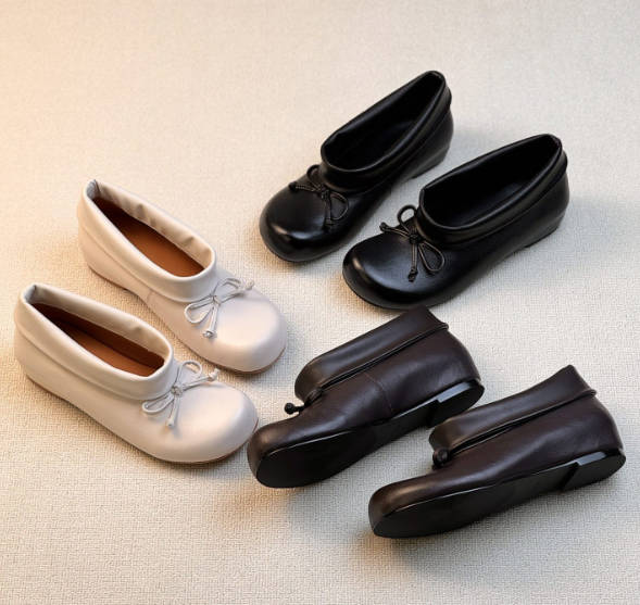 Women Vintage Round Toe Soft Leather Bowknot Hidden Wedge Slip-on Shoes