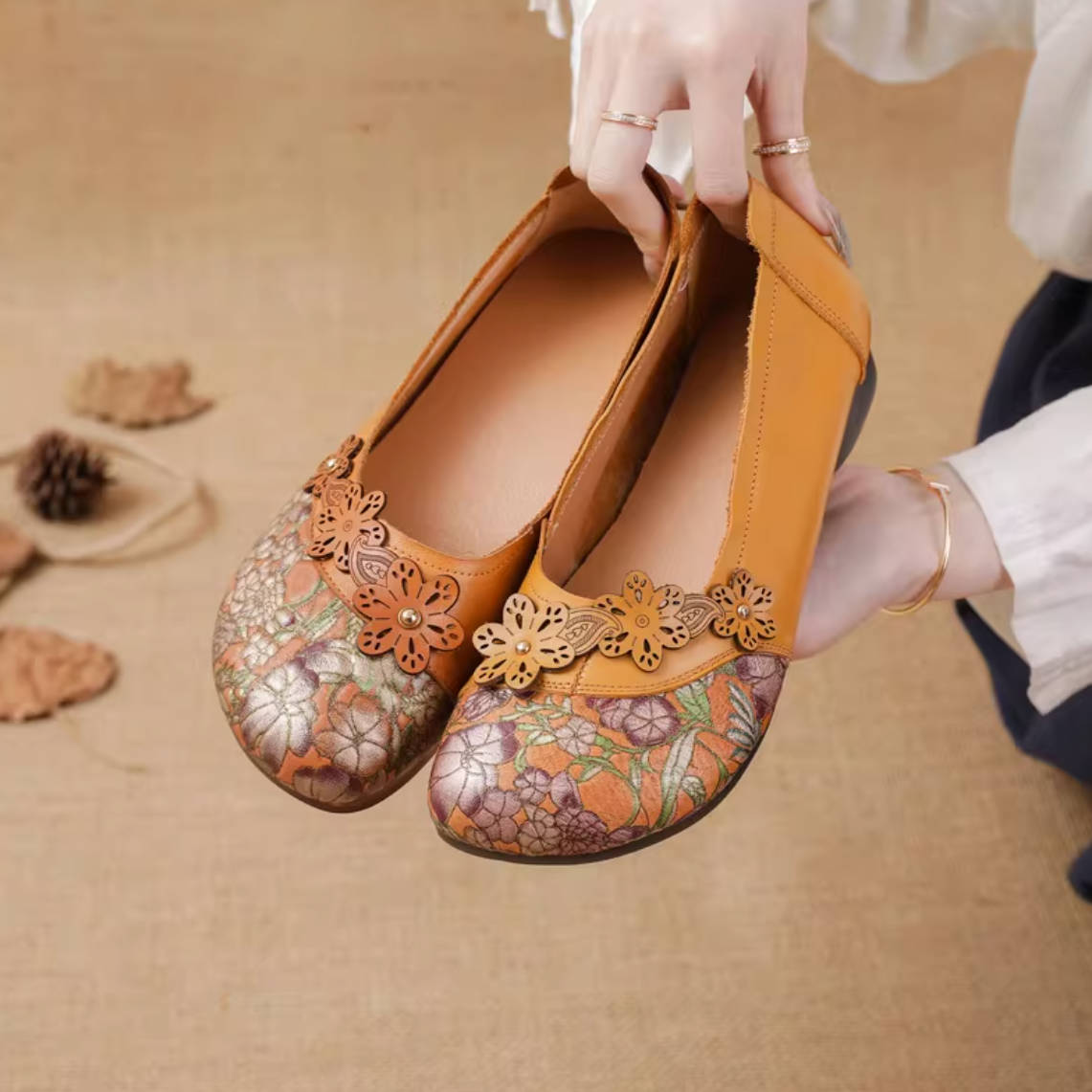 Spring Leather Floral Printed Patchwork Elegant Casual Slip-Ons