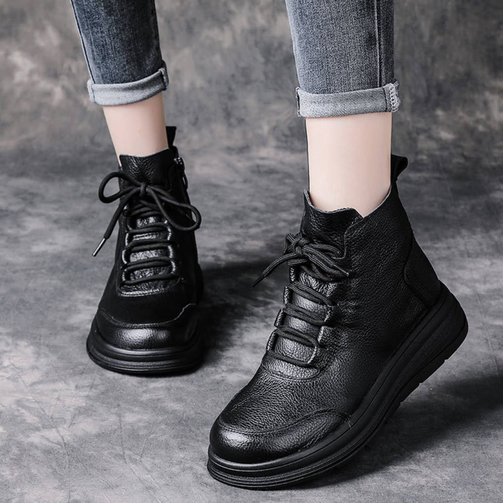 Casual Leather Thick Soft Sole Lace-Up Versatile Ankle Boots