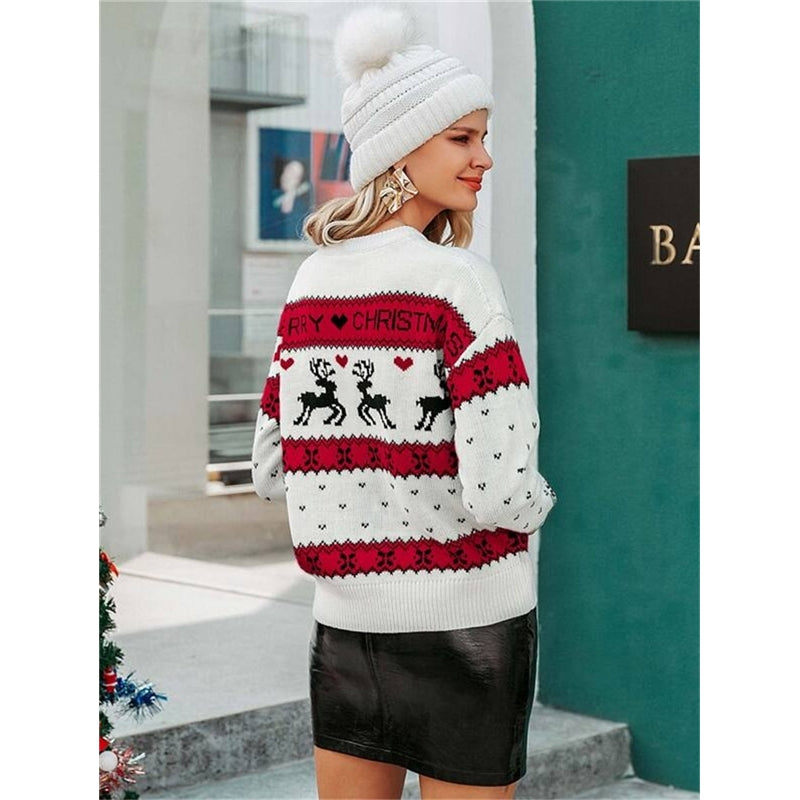 Christmas Deer Pattern Knitted Sweater, Autumn New Loose Round Neck