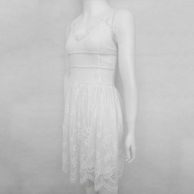 PURE COLOR SPAGHETTI STRAPS SLEEVELESS KNEE-LENGTH LACE DRESS
