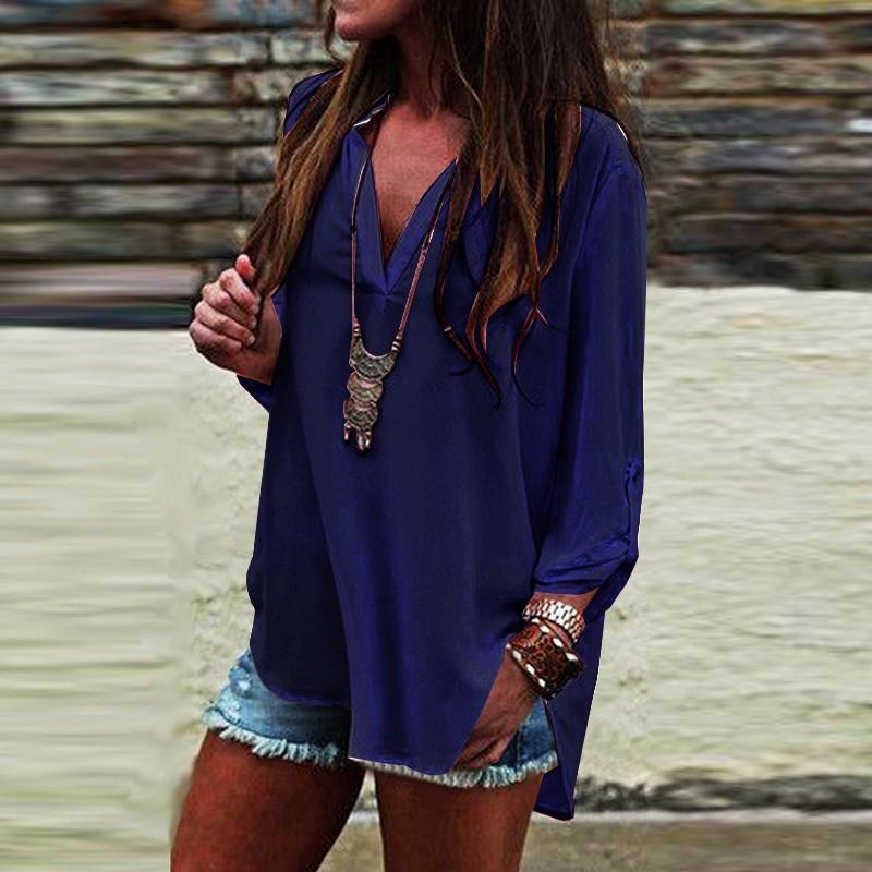 V-NECK LONG SLEEVES CASUAL FASHION CHIFFON BLOUSE