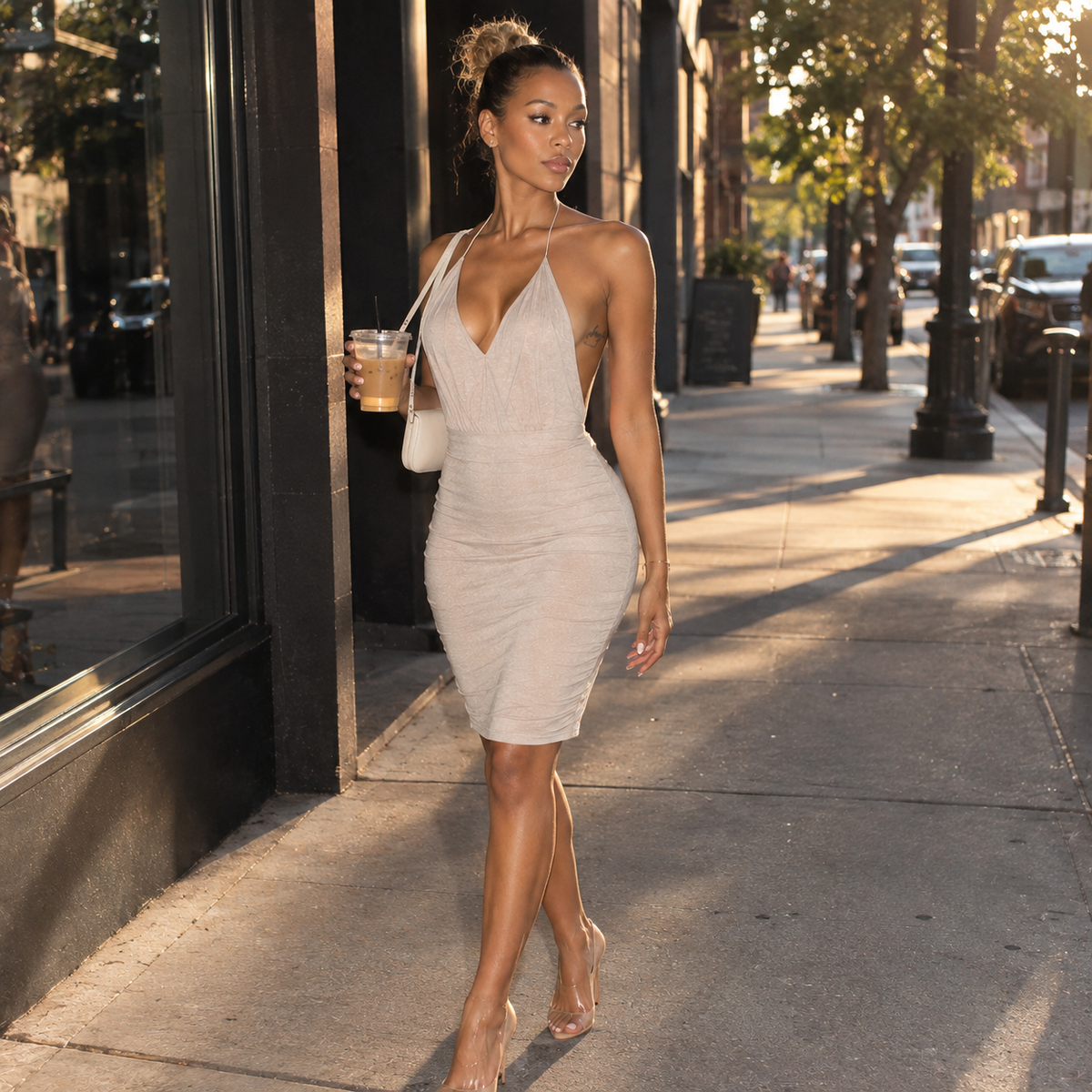 V-NECK SPAGHETTI STRAP SHEATH KNEE-LENGTH DRESS
