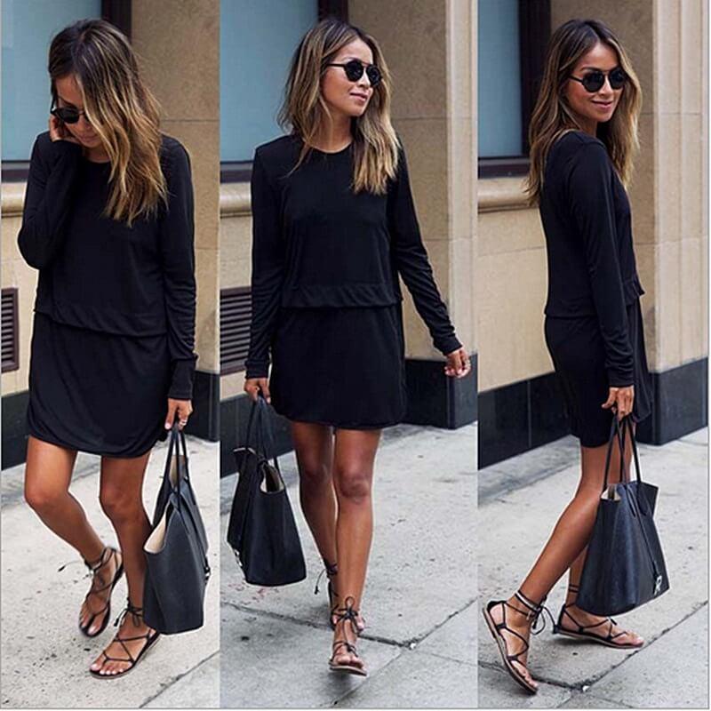 FREE SHIPPING CLEARENCE SCOOP LONG SLEEVES LOOSE PURE COLOR STRAIGHT SHORT DRESS