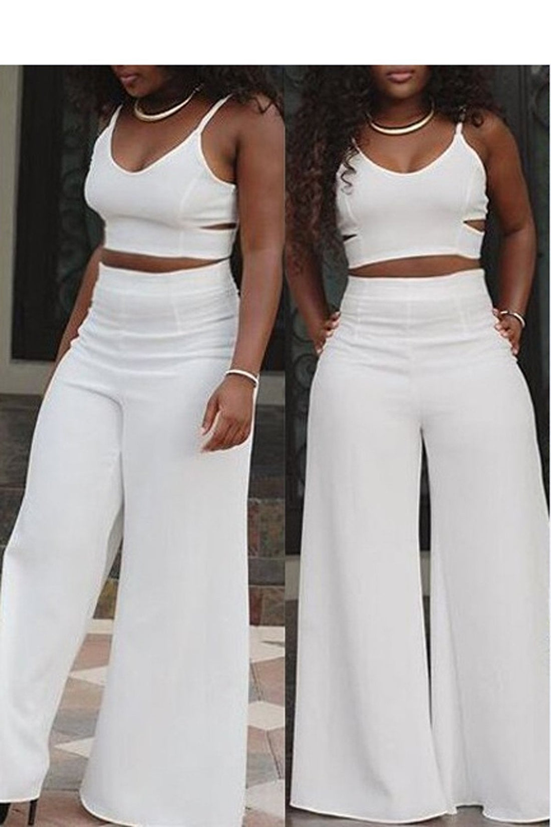SPAGHETTI STRAPS CROP TOP WITH WIDE LEG LOOSE LONG PANTS TWO PIECES SET