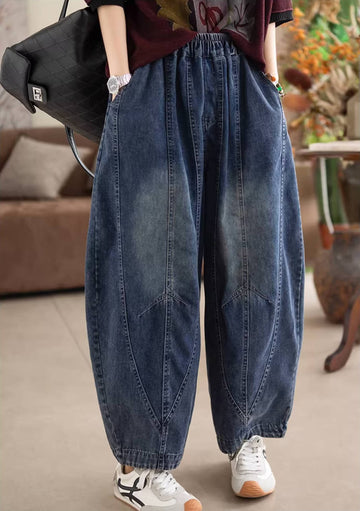 Spring Vintage Denim Blue Elastic Waist Cotton Loose Harem Pants