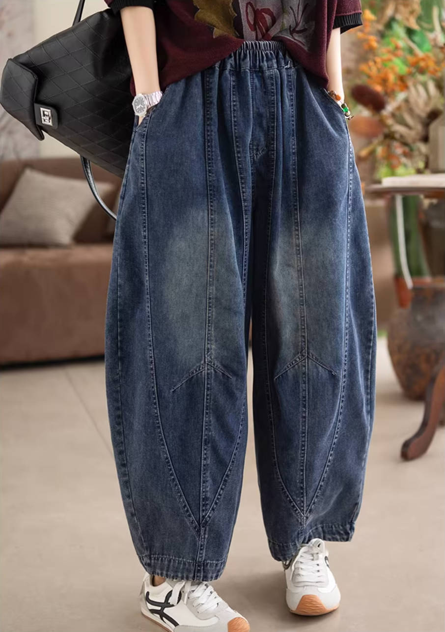 Spring Vintage Denim Blue Elastic Waist Cotton Loose Harem Pants