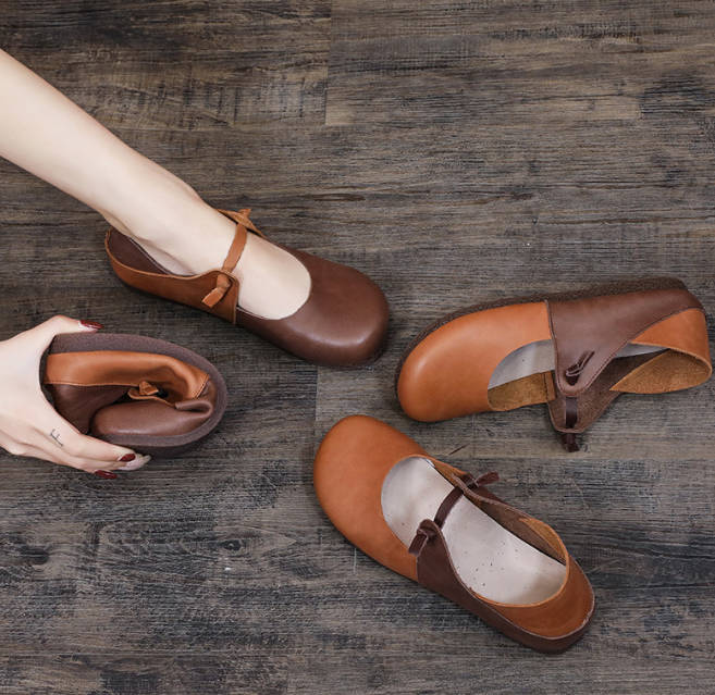 Retro Genuine Leather Round Toe One Straped Casual Soft Flat