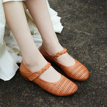Hallow Retro Leather Breathable Woven One Straped Velcro Flats