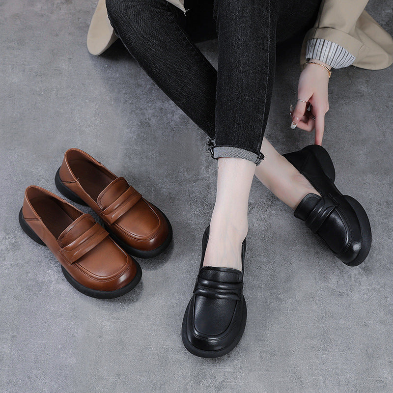 Vintage Cowhide Round Toe Slip-On Casual Everyday Soft Shoes
