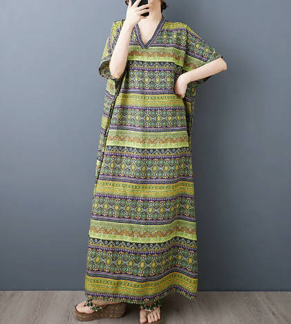 Retro V-neck Cotton Linen Loose Fitting Long Robe Dress