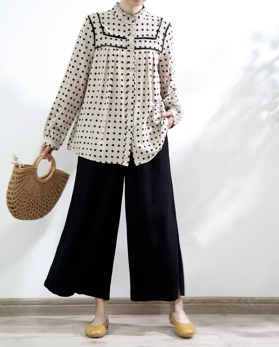 Spring Elegant Polka Dots Stand Ruffled Collar Patchwork Loose Shirt