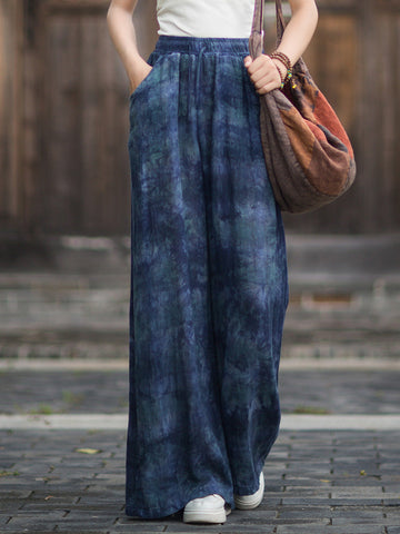 Autumn Linen Colorful Plaid Tie-Dye Loose Elastic Waist Pants