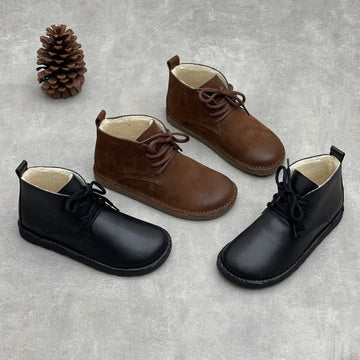 Winter Warm Leather Fleece-Lined Lace-Up Ankle Boots