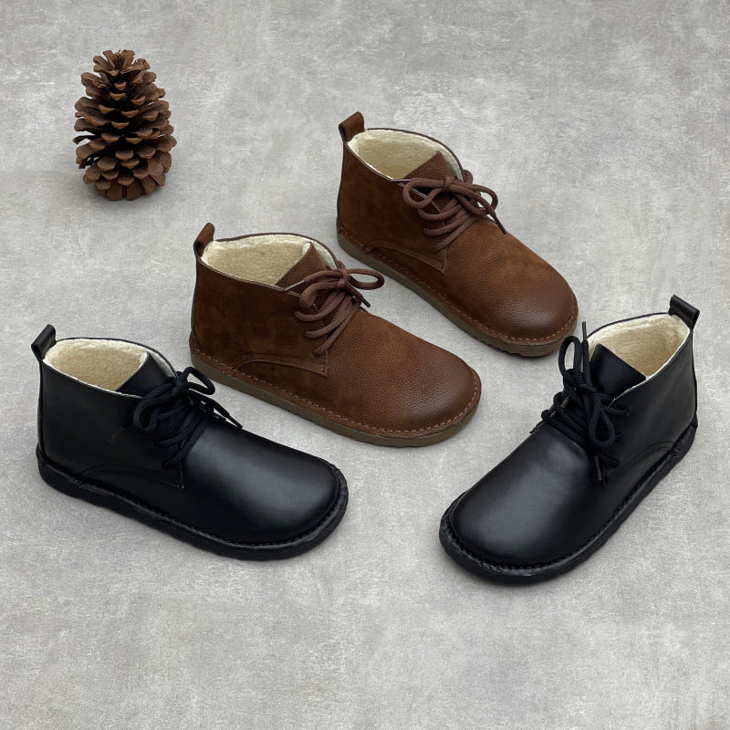 Winter Warm Leather Fleece-Lined Lace-Up Ankle Boots