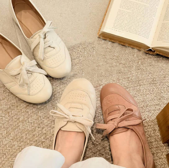 Vintage Women Sheepskin Casual Round-Toe Lace-Up Slip-On