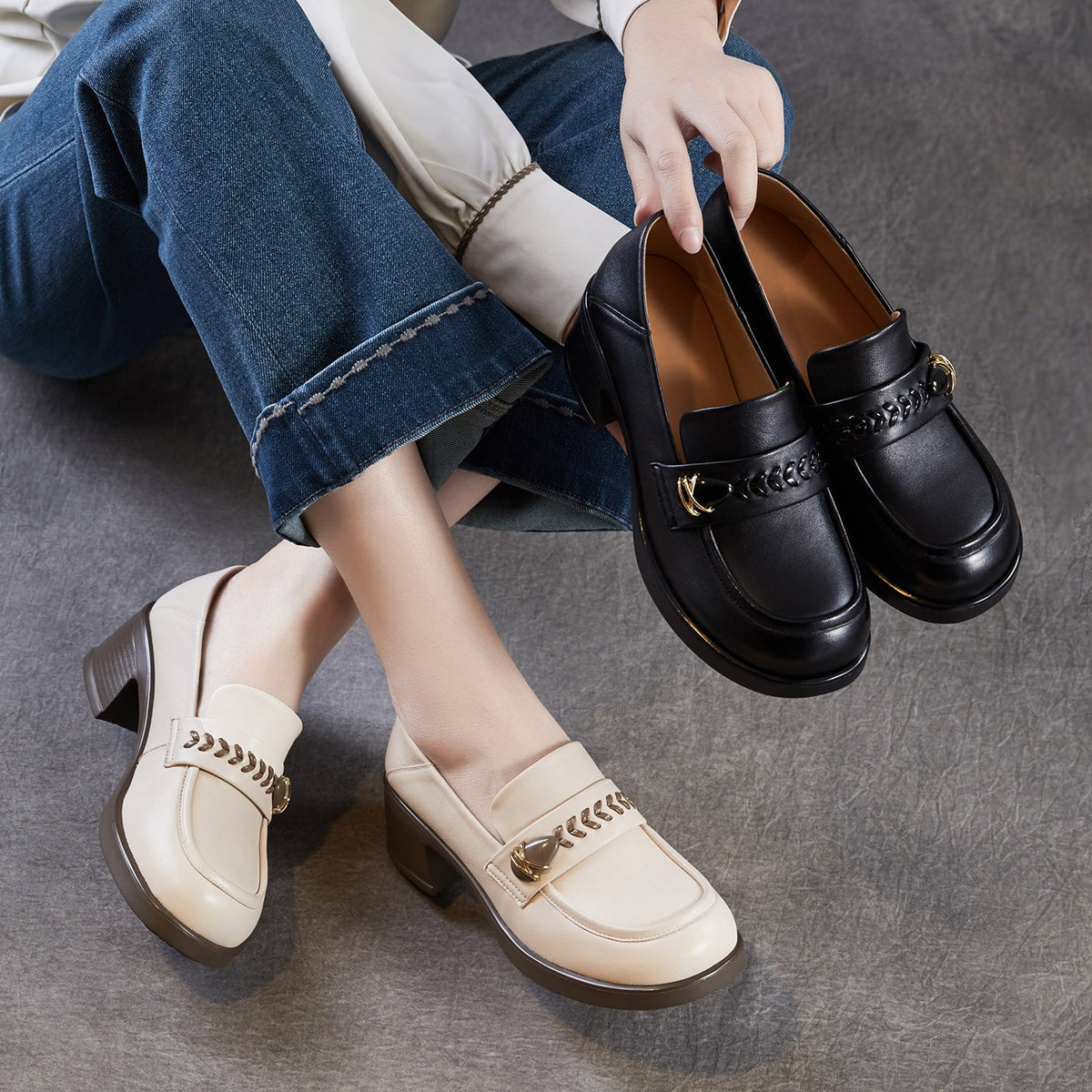 Sheepskin Leather Vintage Elegant Soft Sole Chunky Round Toe Loafers