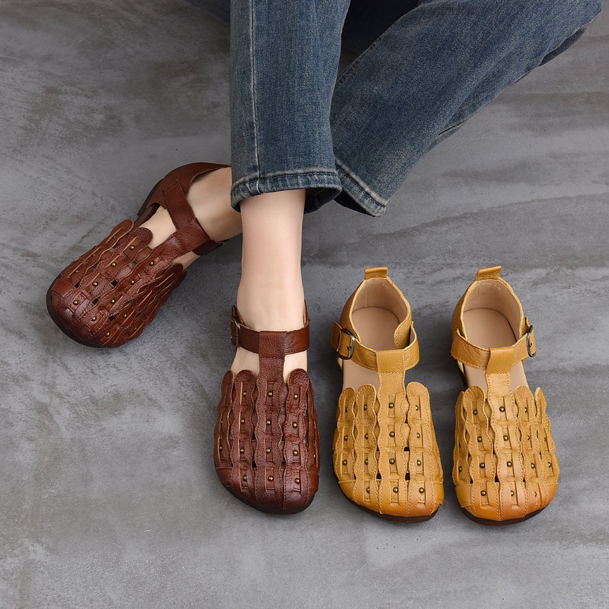 Summer Round Toe Hallow Vintage One Straped Soft Flat Sole Shoes