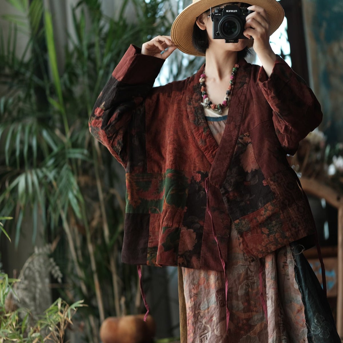 Retro Cotton V-Neck Lace-Up Thick Long Sleeves Coat
