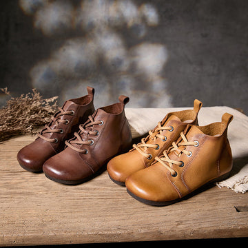 Retro Genuine Leather Round Toe Soft Flat Sole Slip-On Ankle Boots