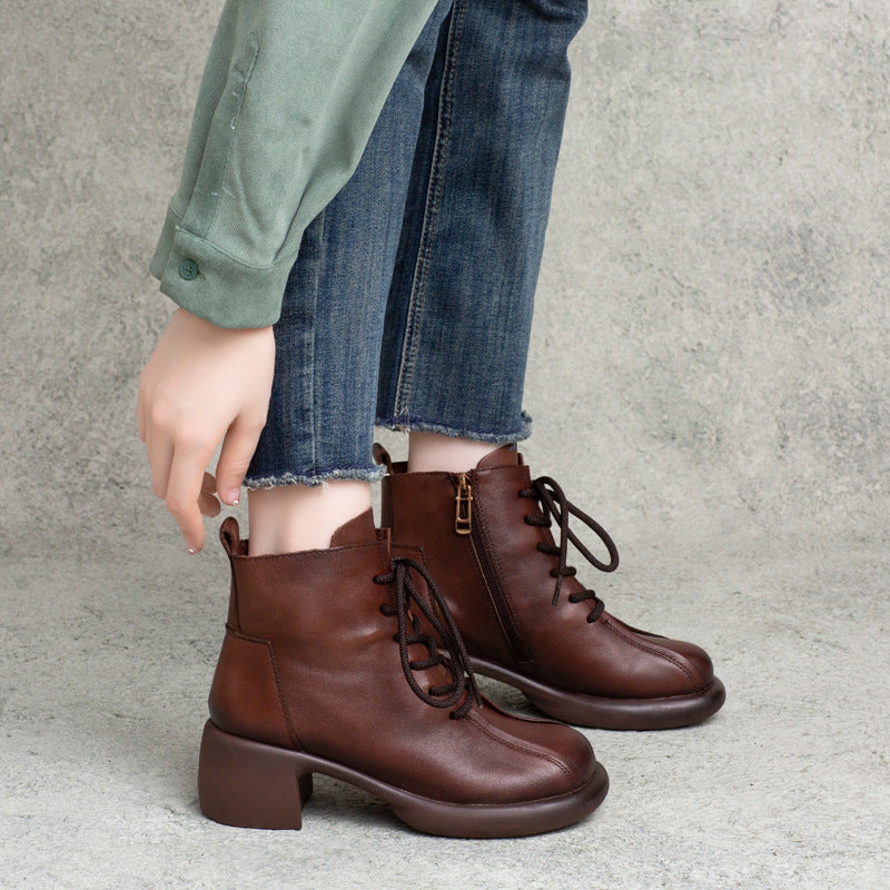 Vintage Leather Elegant Chunky Lace-Up Zipper Ankle Boots