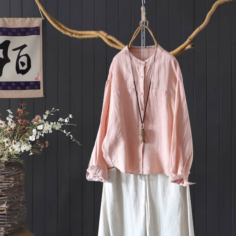 Spring Linen Round Neck Loose Solid Color Daily Casual Shirt