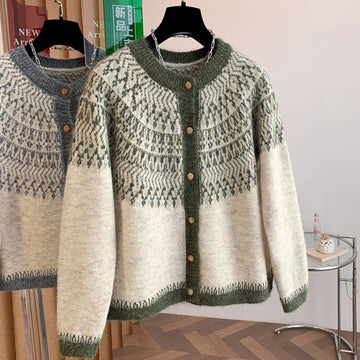 Retro Winter Round Neck Soft Thick Single-Breasted Printed Sweater