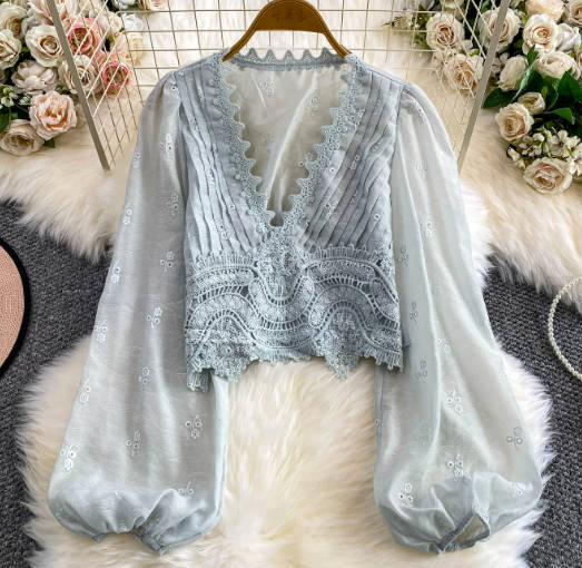 Vintage V Neck Lantern Lace Trim Lycra Sleeve Blouse
