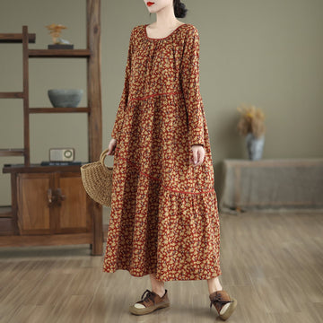Babakud Women Autumn Retro Loose Cotton Corduroy Printed Dress