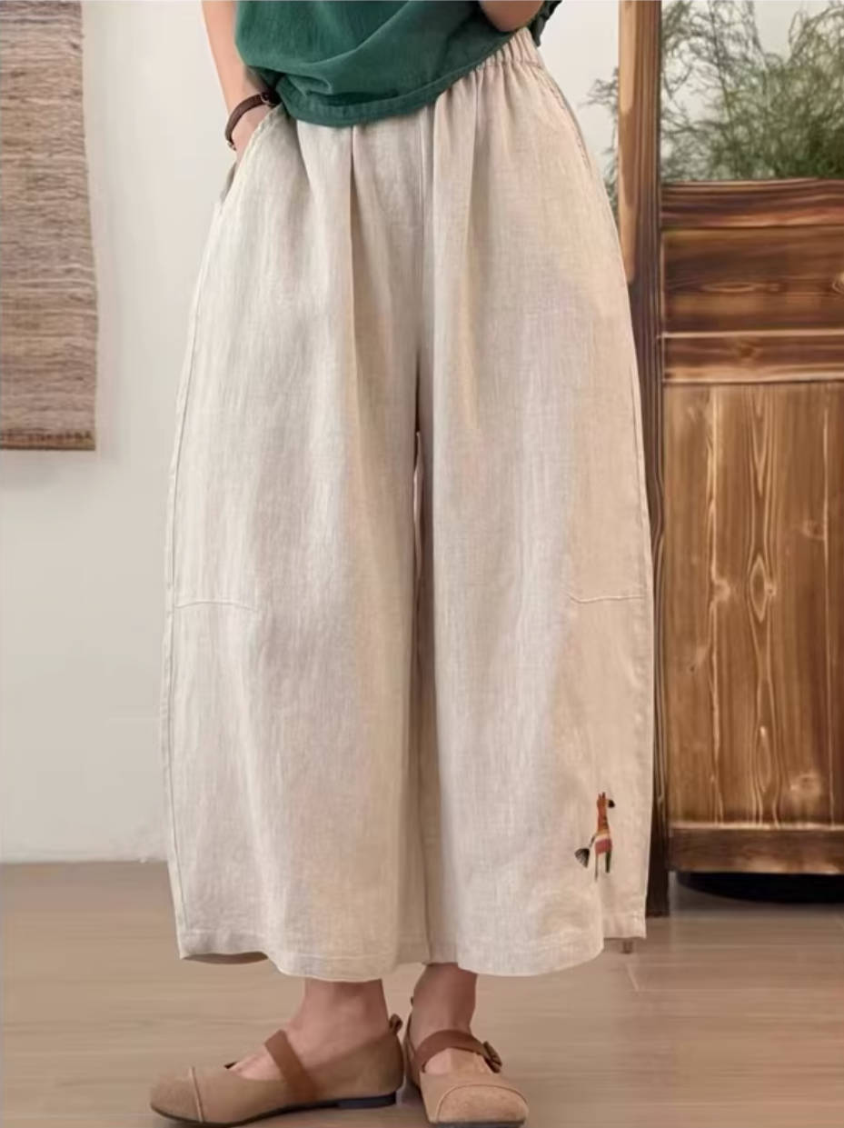 Linen Spring Cute Pattern Embroidered Elastic Waist Loose Pants