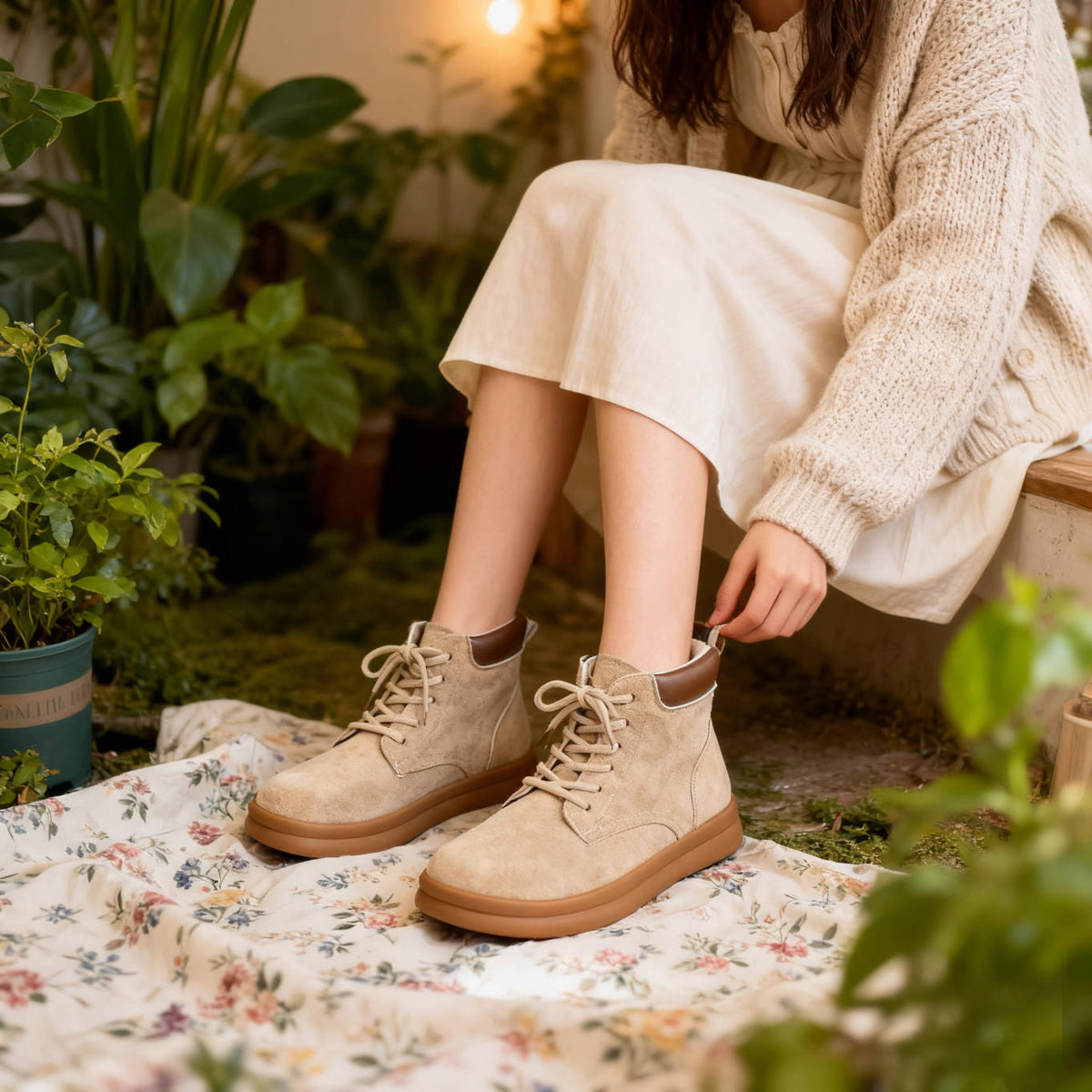 Sueded Top Leather Patchwork Soft Flat Sole Lace-Up Boots