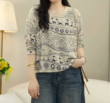 Women Camel Print Round Neck Casual Loose Fit Thin Long-Sleeve T-Shirt