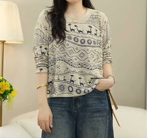 Women Camel Print Round Neck Casual Loose Fit Thin Long-Sleeve T-Shirt