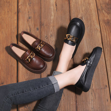 Vintage Leather Round Toe Gold Straped Soft Flat Sole Loafers
