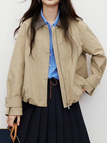 Khaki Casual Autumn Lapel Patchwork Short Coat