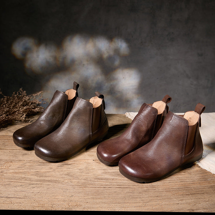 Retro Top Leather Versatile Soft Flat Sole Slip-On Boots