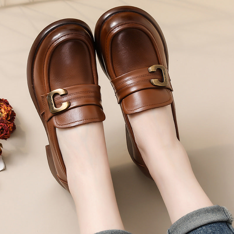 Spring Leather Round Toe Retro Elegant Soft Flat Sole Slip-On Loafers