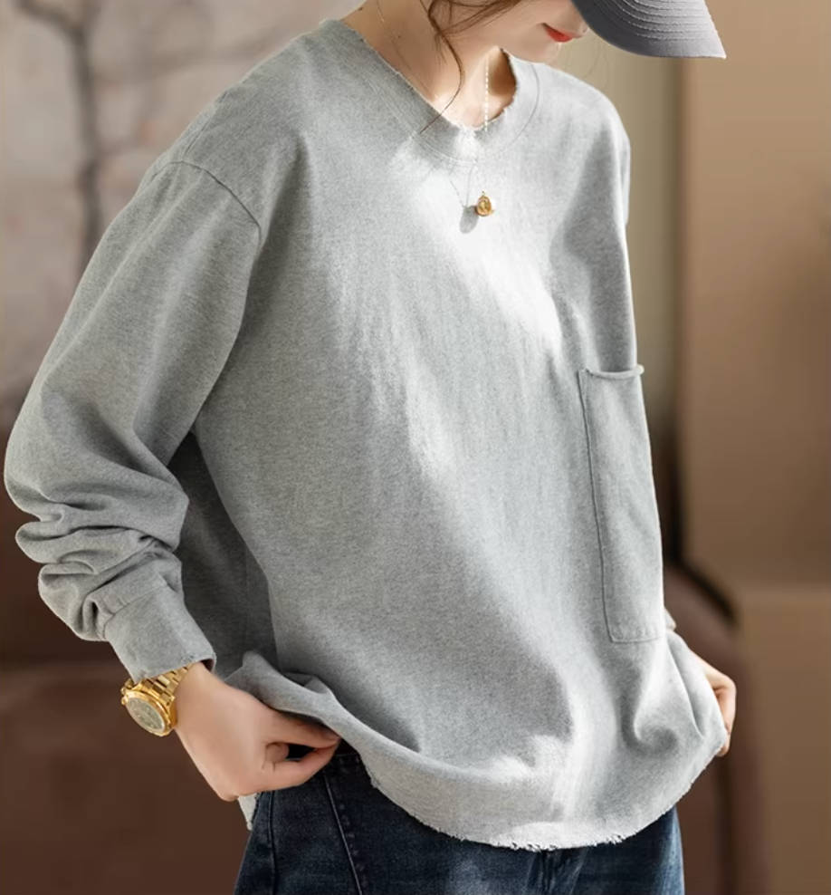 Cotton Casual Round Neck Loose Pocket Versatile Tops