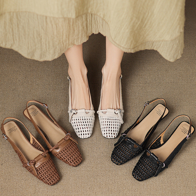Sheepskin Leather Woven Patchwork Breathable Pointed Toe Sandals