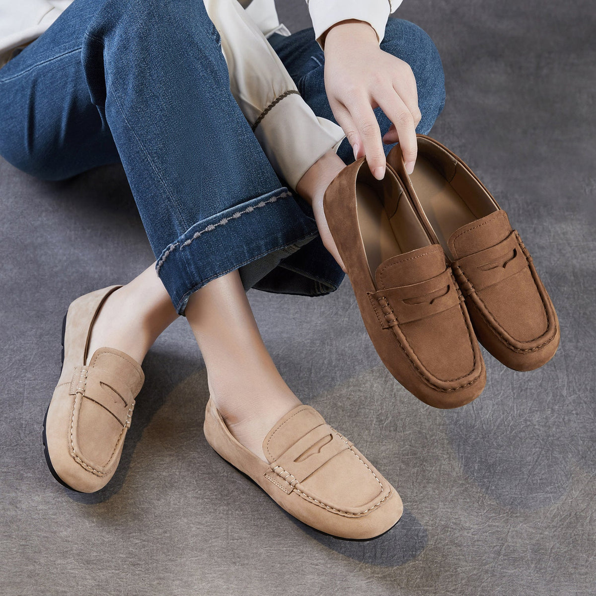 Spring Leather Sueded Solid Color Slim Casual Slip-On Loafers