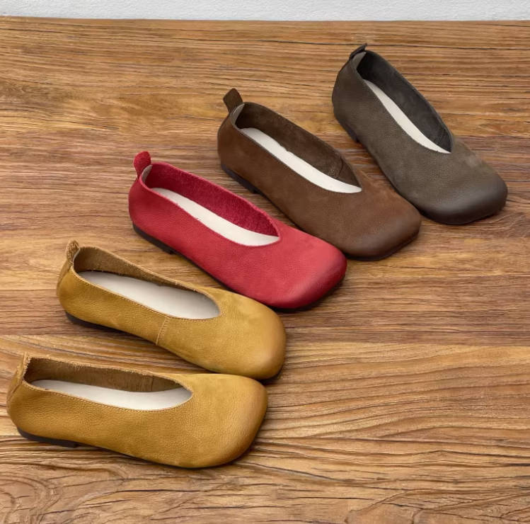 Spring Vintage Genuine Leather Square Toe Slip-Ons