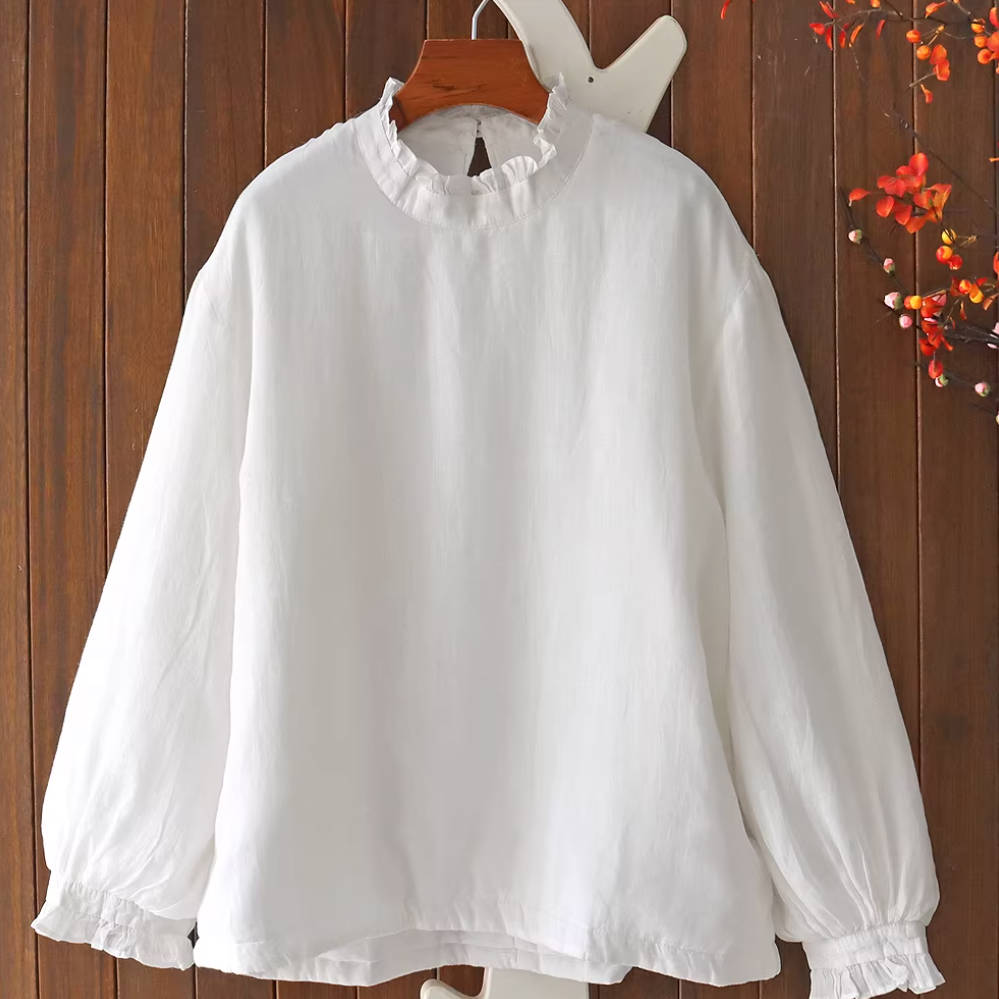 White Autumn Cotton Ruffled Neck Cotton-In Warm Tops