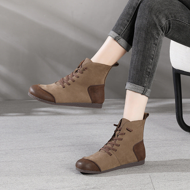 Winter Leather Sueded Patchwork Soft Flat Sole Lace-Up Ankle Boots