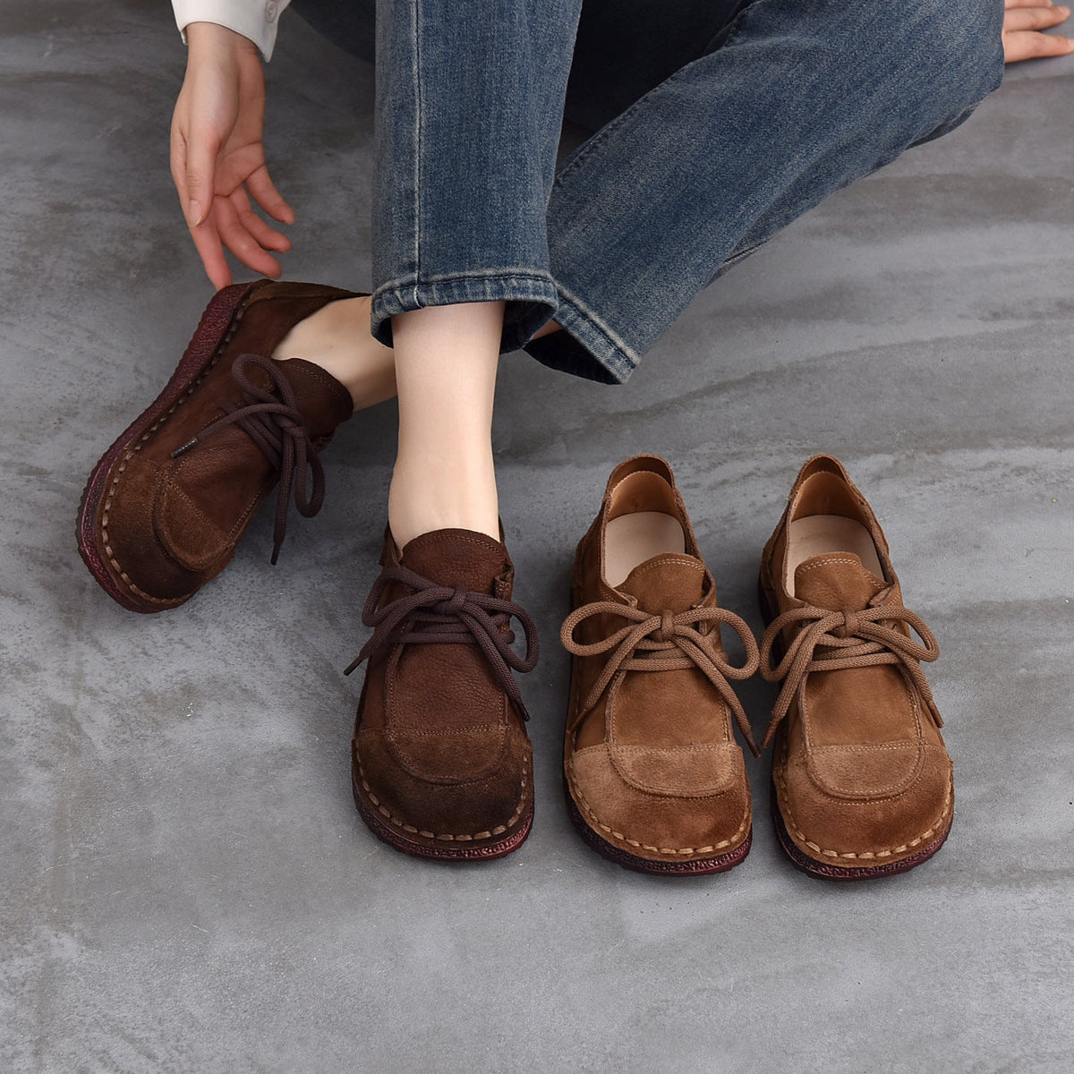 Sueded Leather Retro Round Toe Lace-Up Casual Flat Shoes